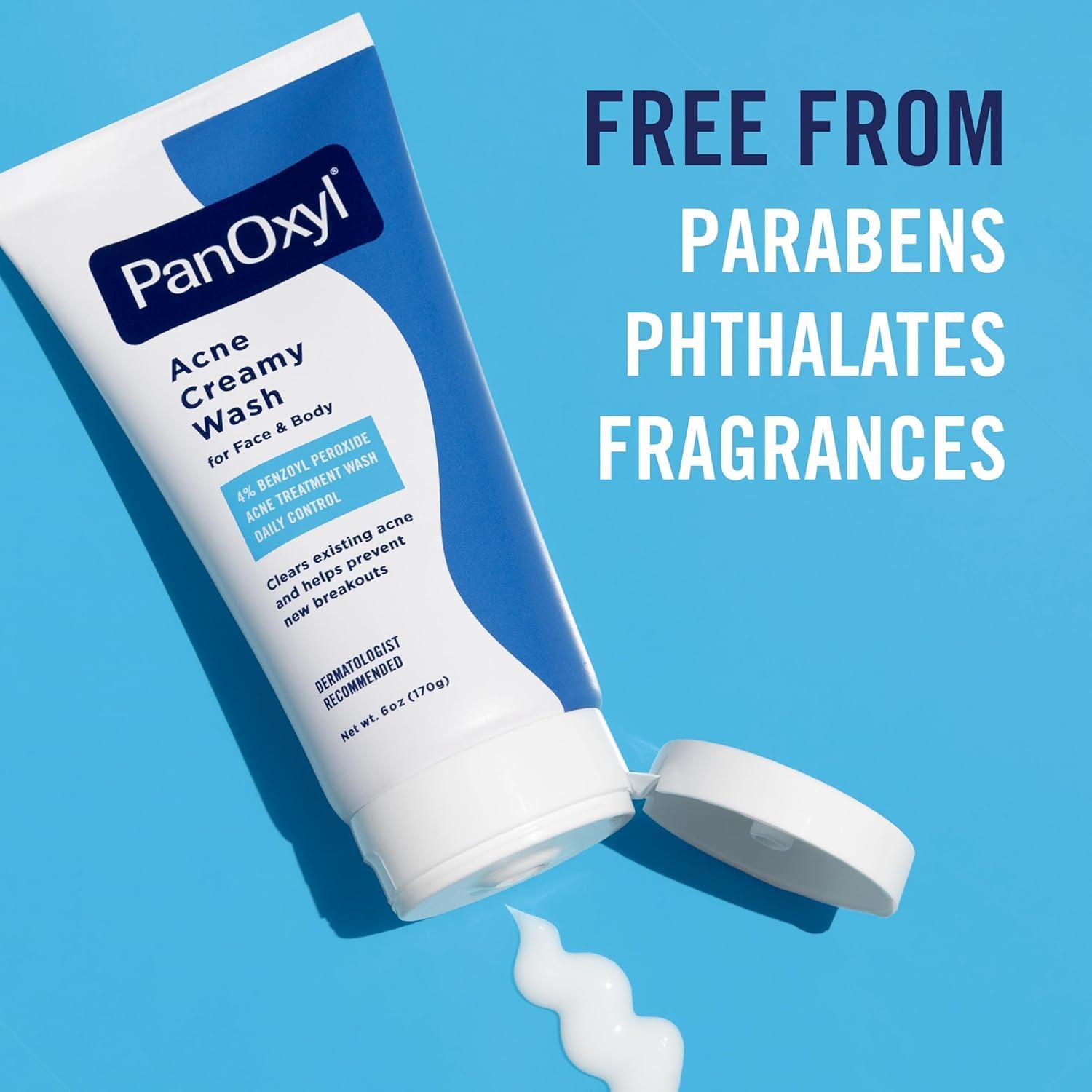 PanOxyl Acne Creamy Wash - 4% Benzoyl Peroxide Daily Cleanser for Sensitive, Acne-Prone Skin on Face & Body 6 oz