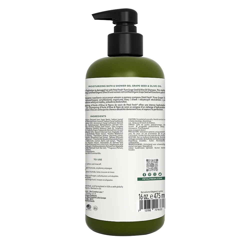 Petal Fresh Pure Moisturizing Grape Seed and Olive Oil Bath & Shower Gel, Natural Body Wash, 475ml