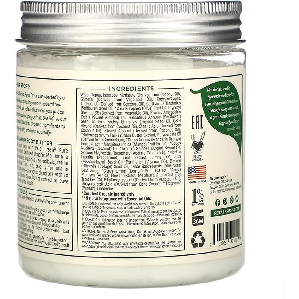 Petal Fresh Pure Mandarin and Mango Body Butter, Deep Moisturizing Vegan Body Cream, 237ml