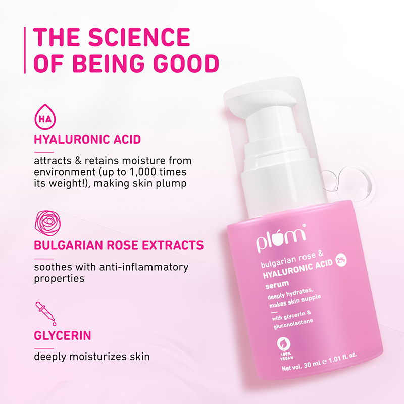 Plum Bulgarian Rose & Hyaluronic Acid 2% Face Serum, Deep Hydration and Plumping Glow, 30ml