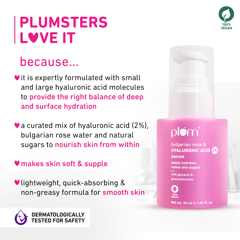 Plum Bulgarian Rose & Hyaluronic Acid 2% Face Serum, Deep Hydration and Plumping Glow, 30ml
