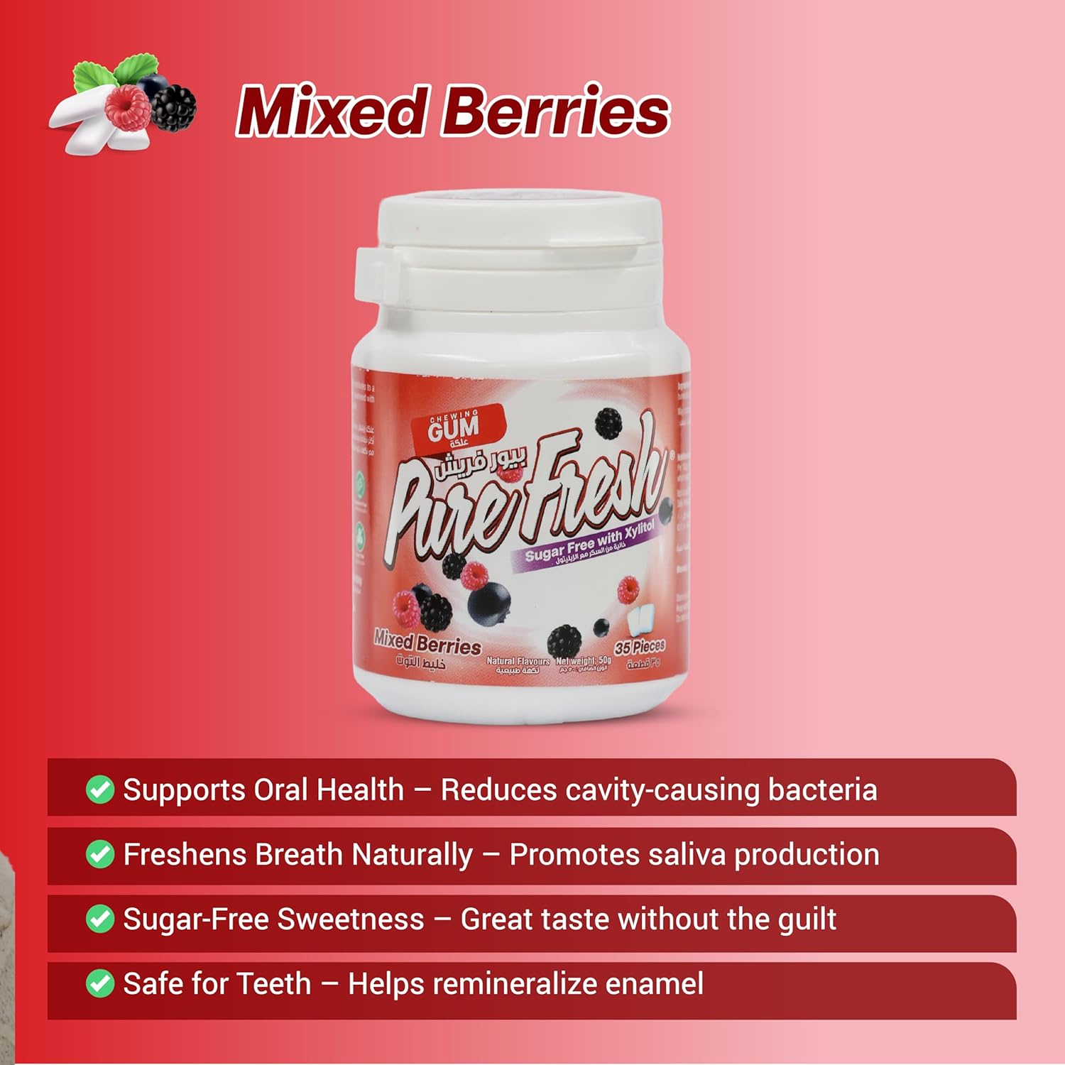 Pure Fresh Sugar Free Xylitol Gum Mixed Berries, Aspartame Free and Gluten Free, 35s