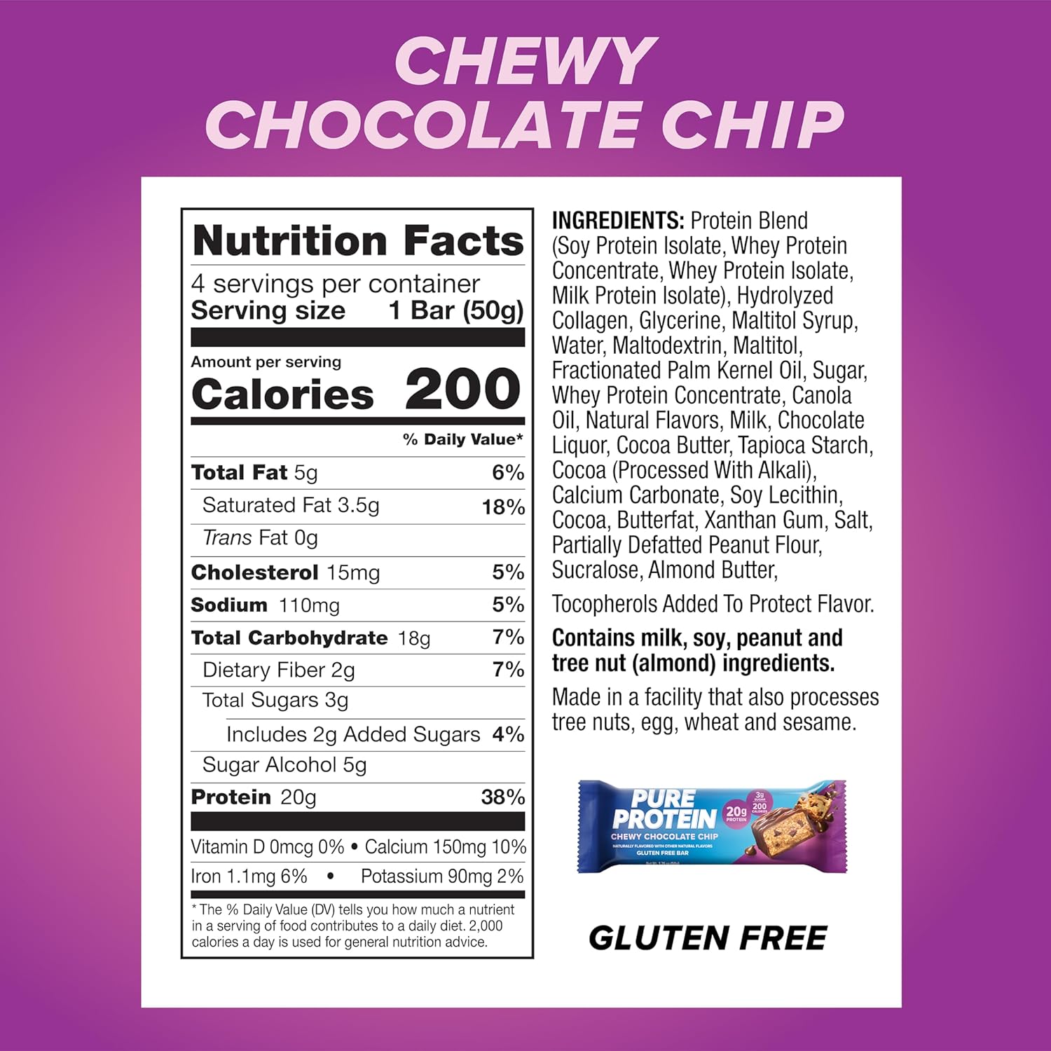 Pure Protein Chewy Chocolate Chip Bars, High Protein, Low Sugar Snack, Gluten-Free, On-the-Go Fuel 50g – Box of 6