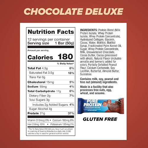 Pure Protein Chocolate Deluxe Bars, High Protein, Low Sugar Snack, Gluten-Free, On-the-Go Muscle Fuel 50g -Box of 6