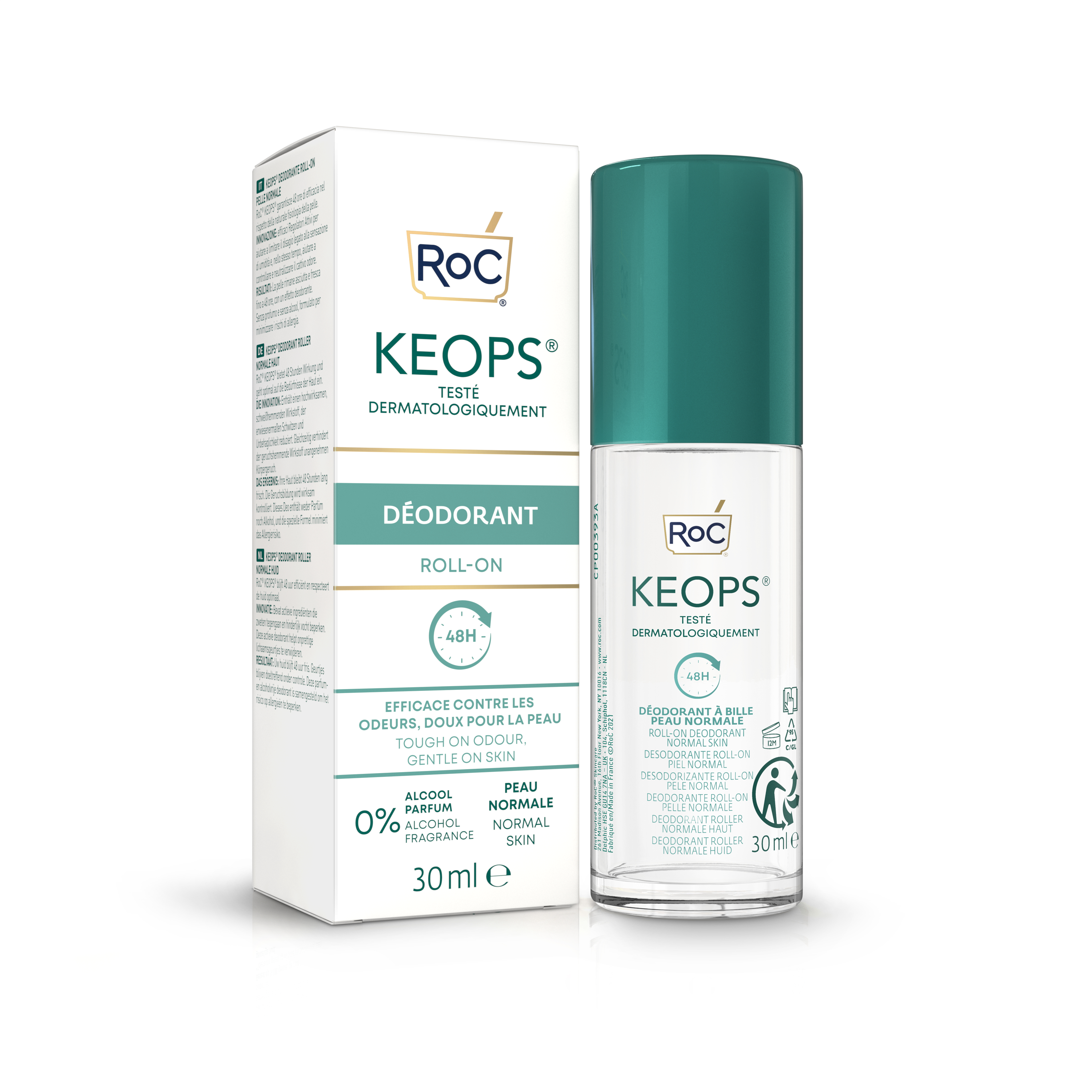 Roc Keops Roll-On Deodorant for Normal Skin – 48-Hour Odor Protection, Fragrance-Free & Gentle Formula, 30ml