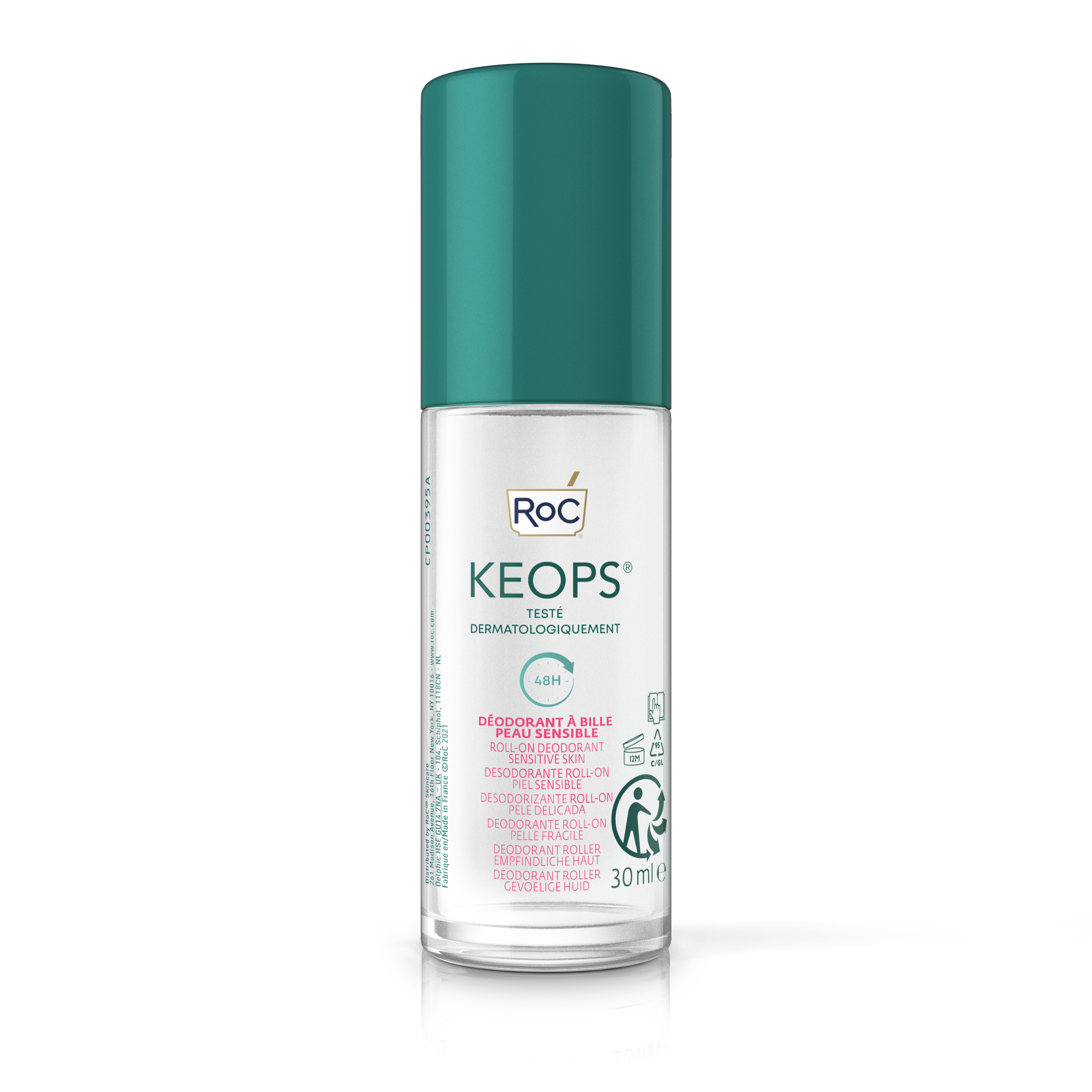 Roc Keops Roll-On Deodorant for Sensitive Skin – Fragrance-Free, Alcohol-Free, 48 Hours Odor Protection, 30ml