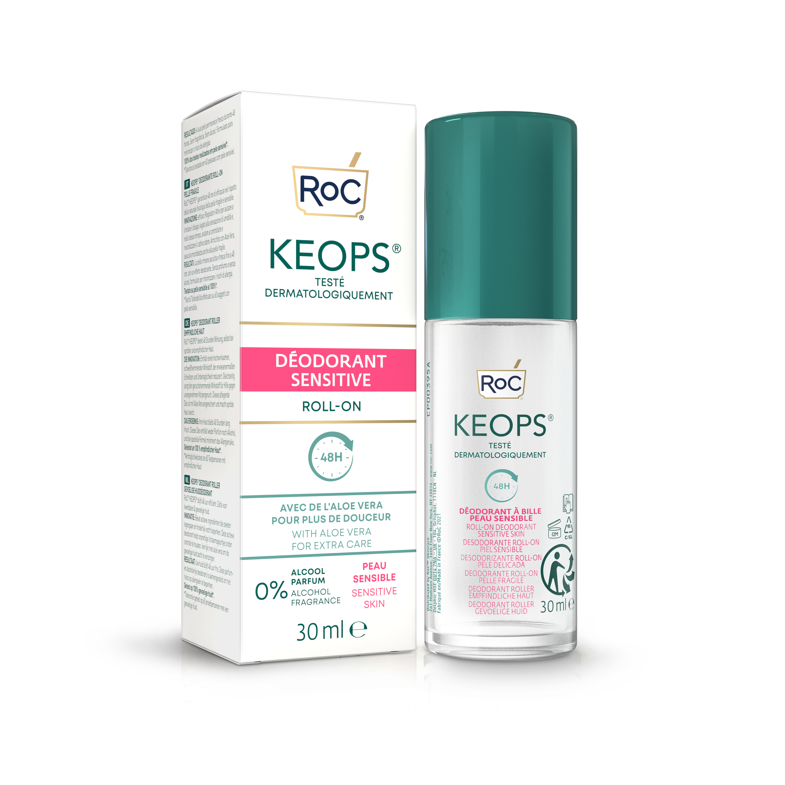 Roc Keops Roll-On Deodorant for Sensitive Skin – Fragrance-Free, Alcohol-Free, 48 Hours Odor Protection, 30ml