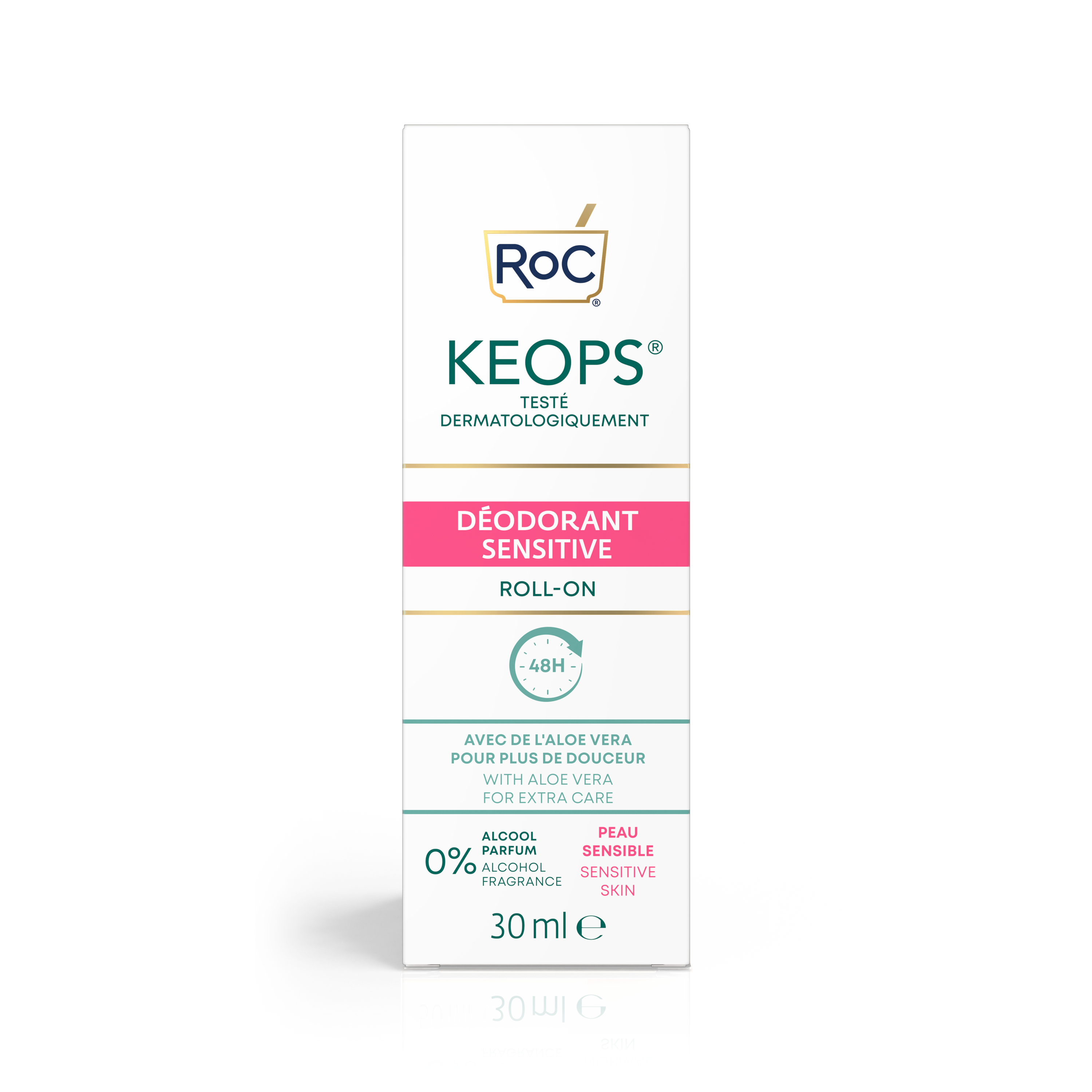 Roc Keops Roll-On Deodorant for Sensitive Skin – Fragrance-Free, Alcohol-Free, 48 Hours Odor Protection, 30ml