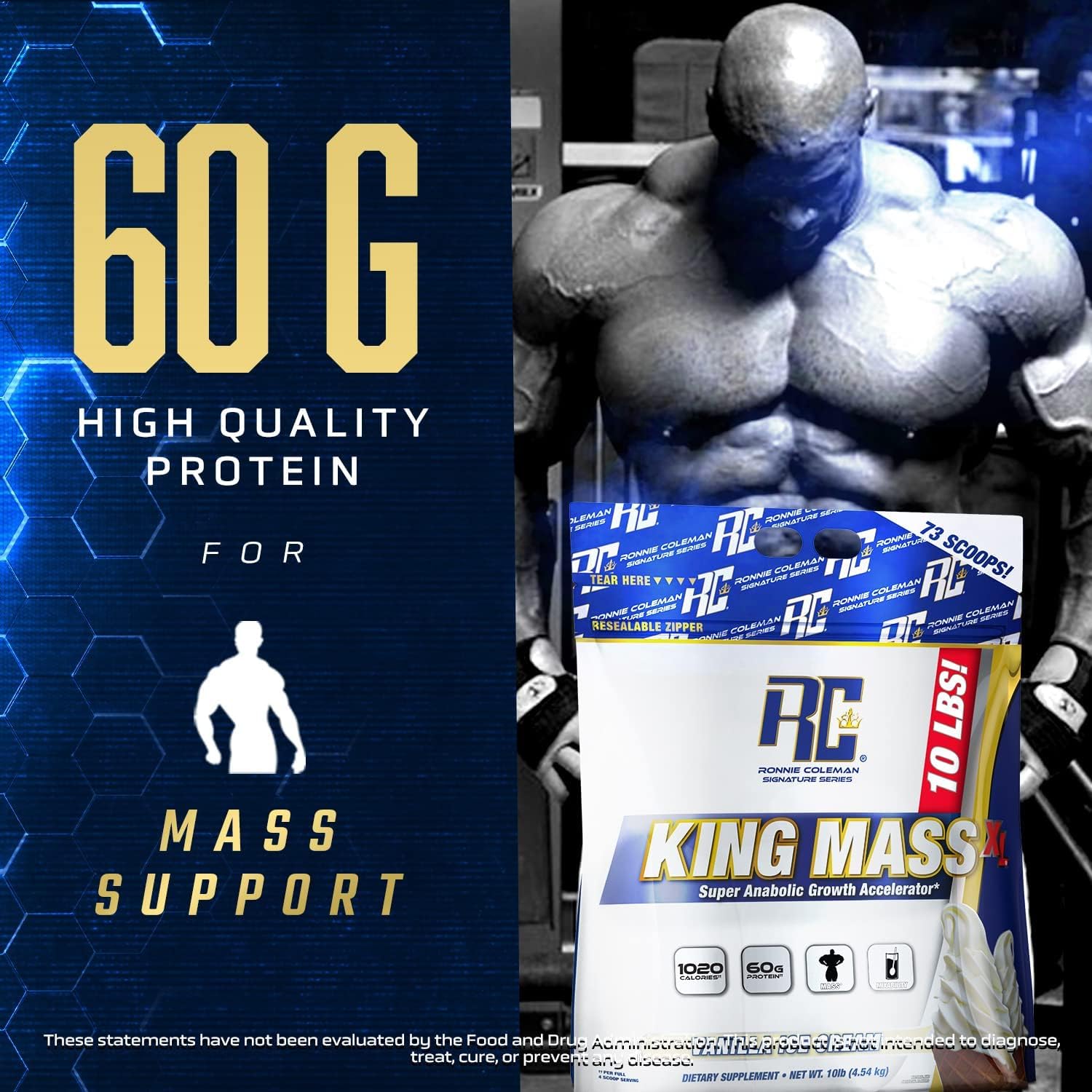Ronnie Coleman King Mass XL, Strawberry Milkshake Weight Gainer with Protein, Carbs and Creatine - 15lb
