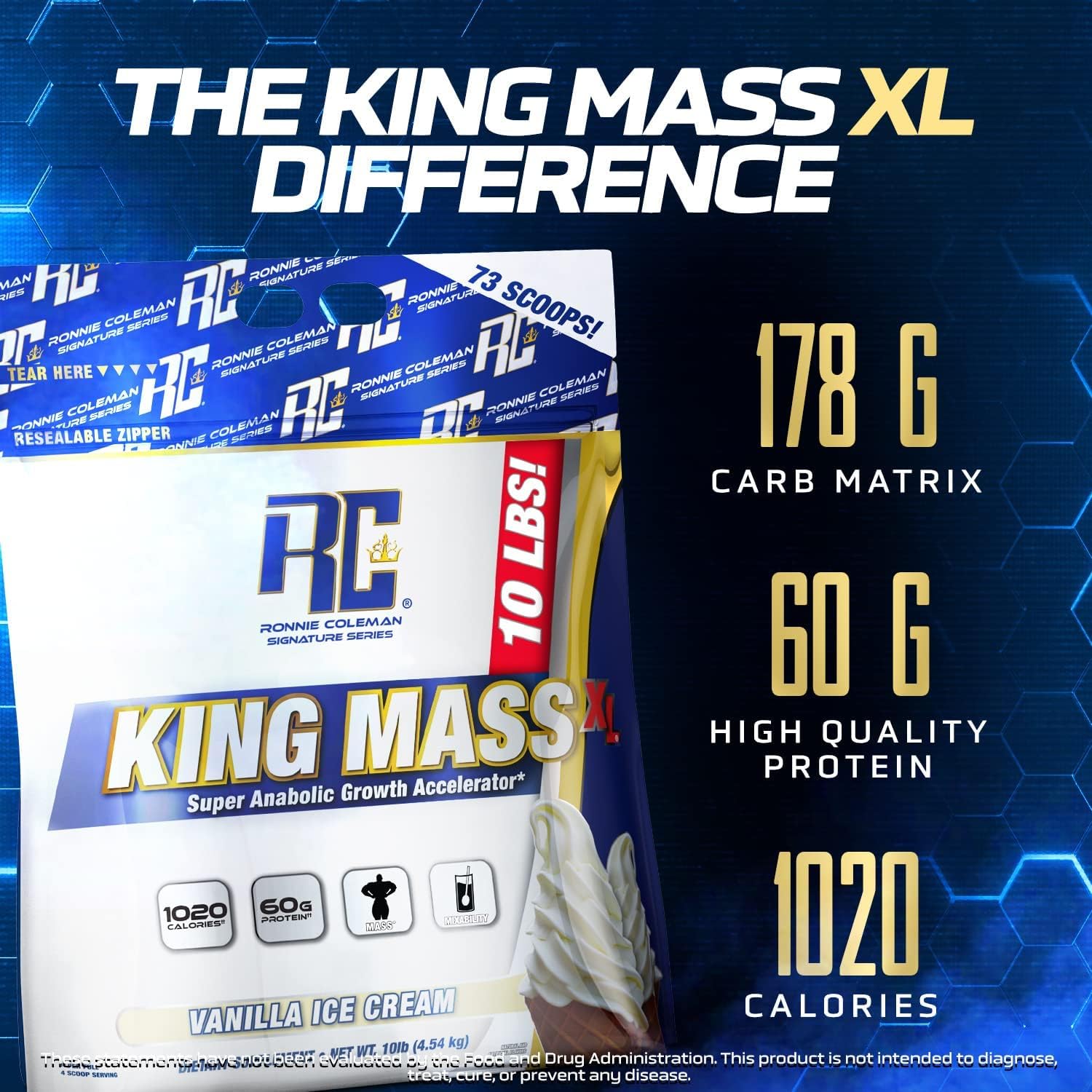 Ronnie Coleman King Mass XL, Strawberry Milkshake Weight Gainer with Protein, Carbs and Creatine - 15lb
