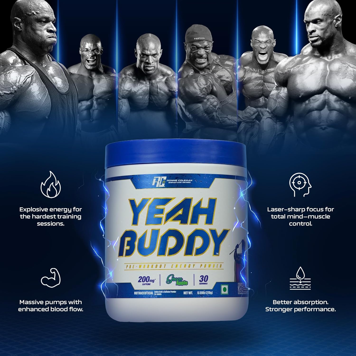 Ronnie Coleman Yeah Buddy Pre-Workout Green Apple, Extreme Energy, Focus and Endurance Booster - 30 Servings