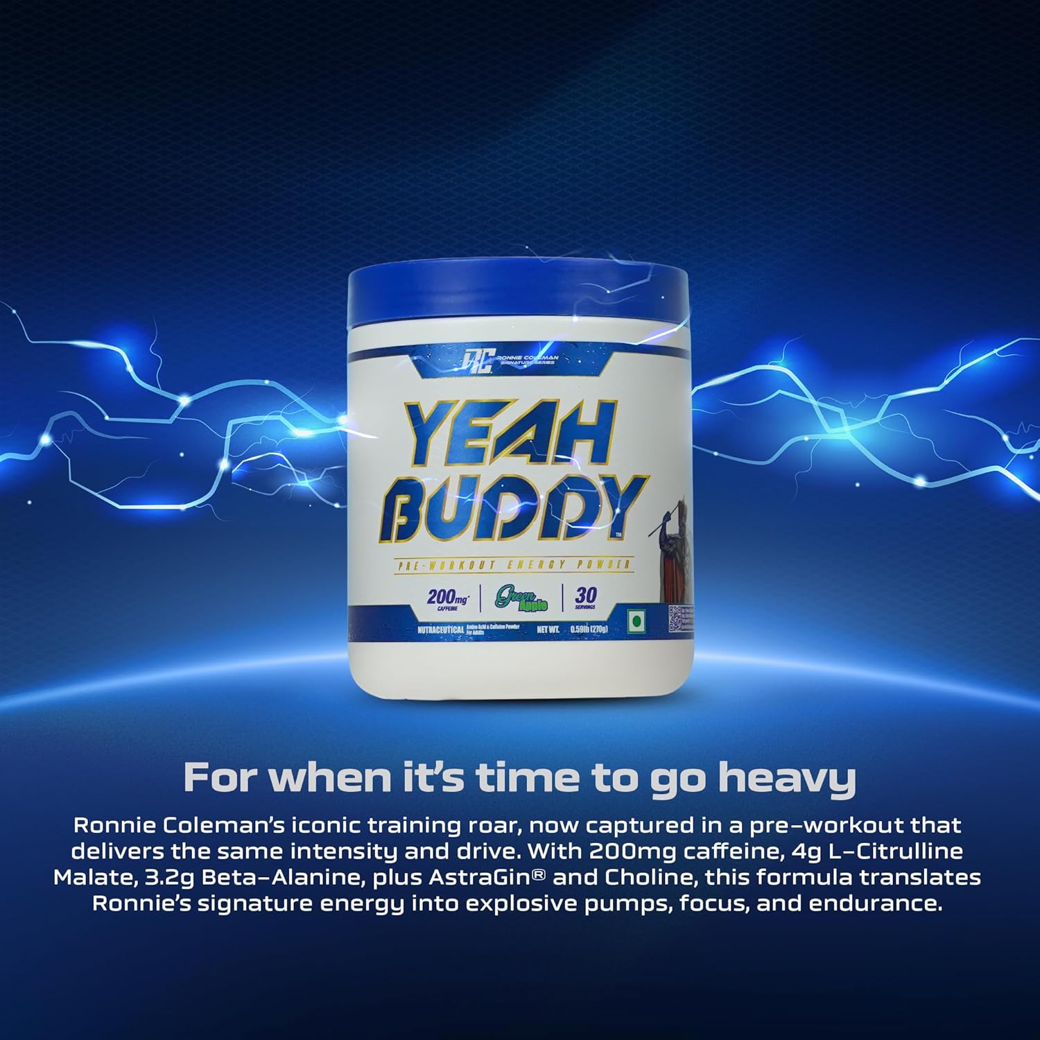 Ronnie Coleman Yeah Buddy Pre-Workout Green Apple, Extreme Energy, Focus and Endurance Booster - 30 Servings