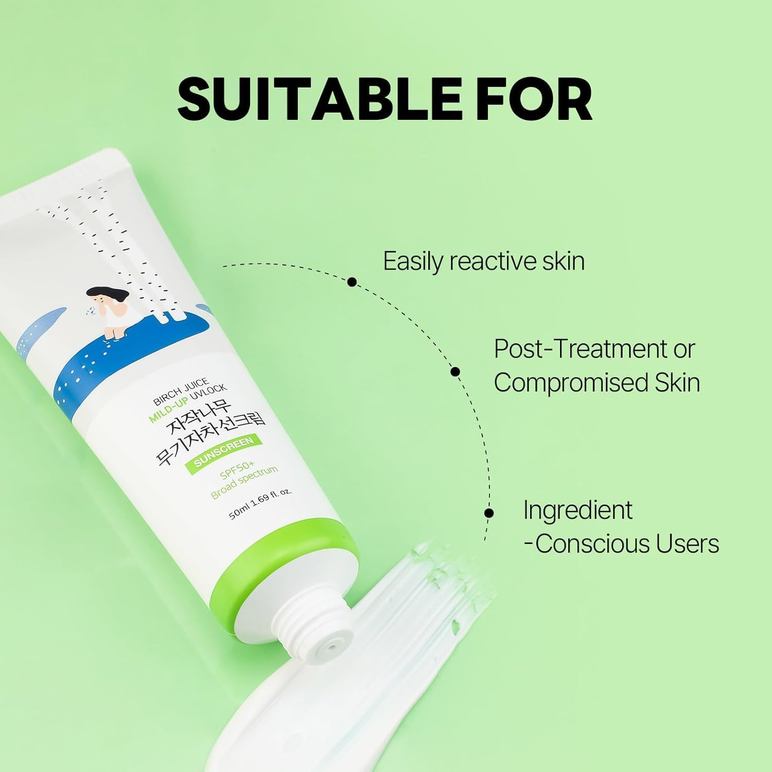 Round Lab Birch Juice Mild-Up Sunscreen SPF50+ PA++++, Gentle Mineral UV Protection with Birch Sap for Sensitive Skin 50ml