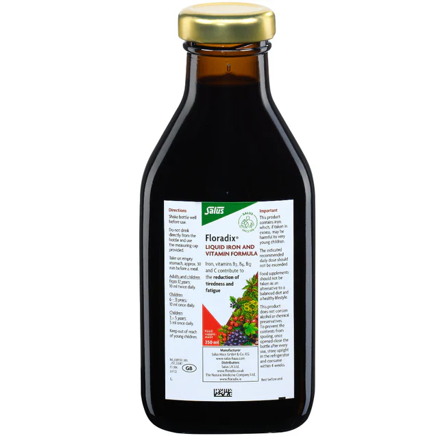 Salus Floradix Liquid Iron and Vitamin B Complex, Organic Ferrous Gluconate Formula, 250ml