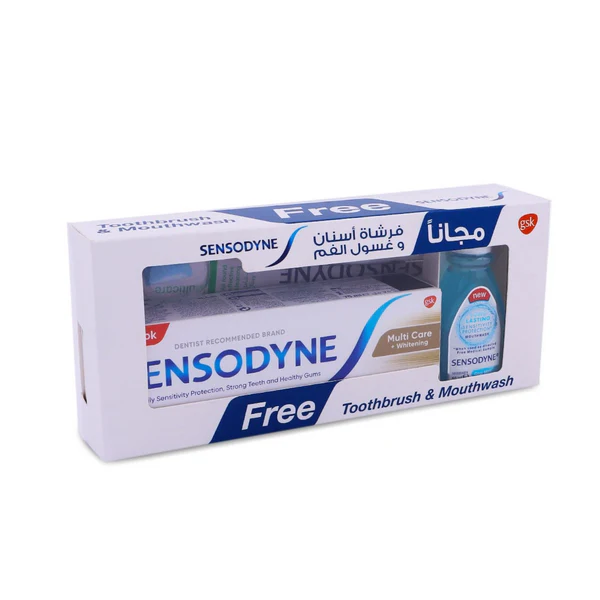 سنسوداين معجون أسنان مالتي كير 75 مل + فرشاة أسنان + غسول فم 50 مل عبوة سفر