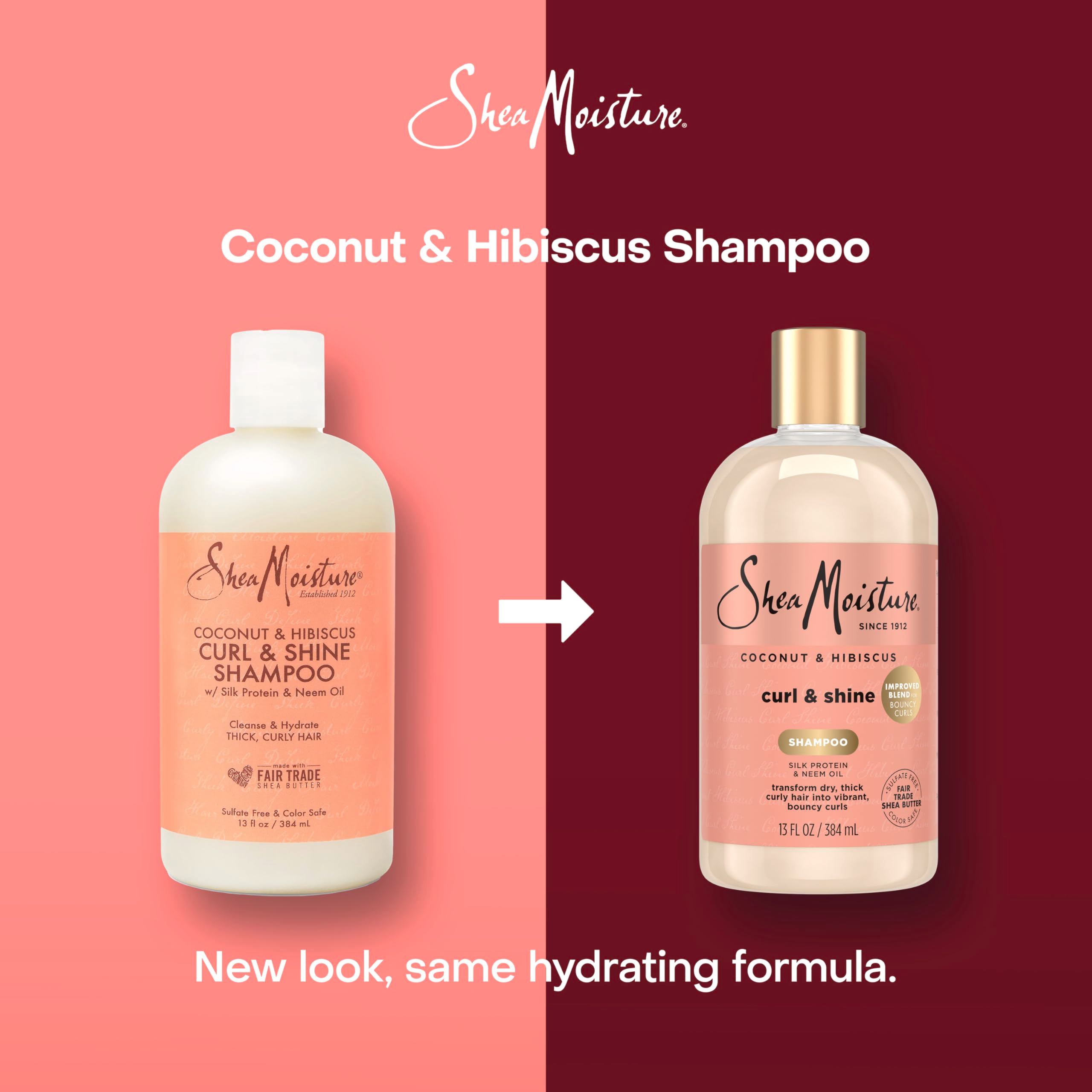 Shea Moisture Coconut and Hibiscus Curl & Shine Shampoo, Sulphate-Free Cleanser for Curly and Thick Hair - 384ml
