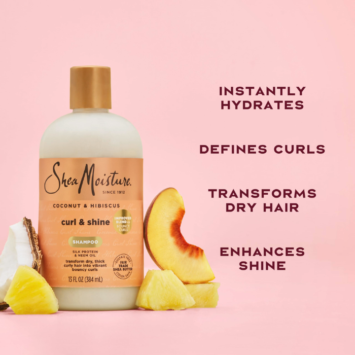 Shea Moisture Coconut and Hibiscus Curl & Shine Shampoo, Sulphate-Free Cleanser for Curly and Thick Hair - 384ml