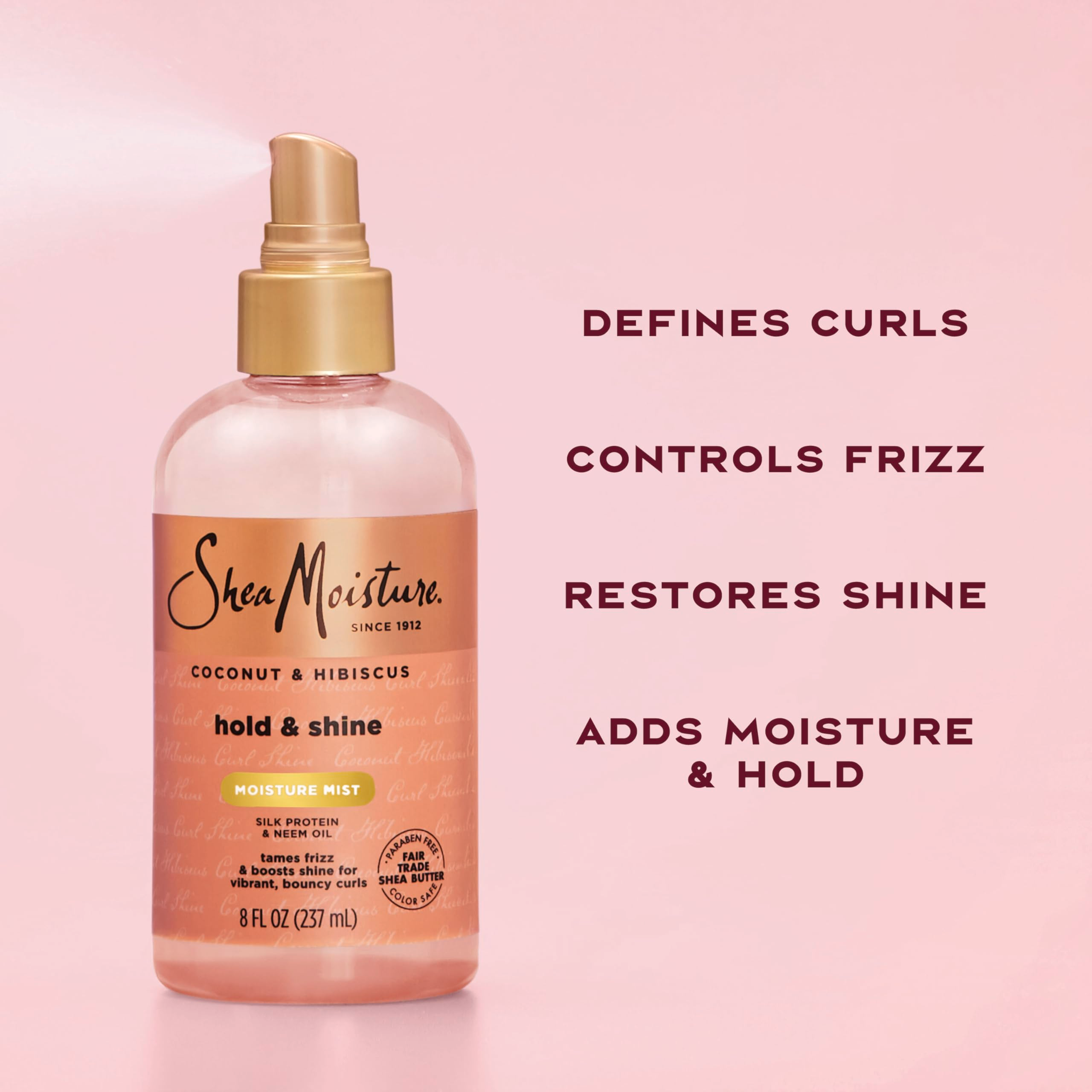 Shea Moisture Coconut & Hibiscus Hold & Shine Mist, Frizz Control and Hydrating Curl Spray, 237ml