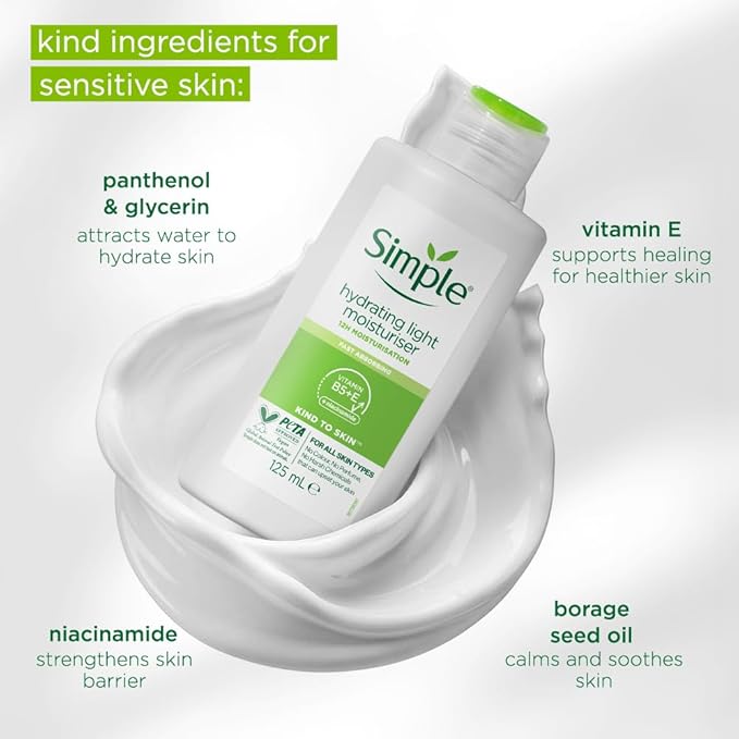 Simple Kind to Skin Hydrating Light Facial Moisturizer Lightweight, 12-Hour Hydration for Sensitive Skin, 125ml