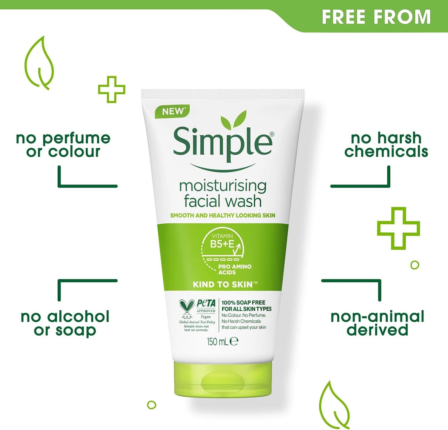 Simple Kind to Skin Moisturizing Facial Wash Hydrating, Gentle Cleanser for Sensitive and Healthy Skin, 150 ml