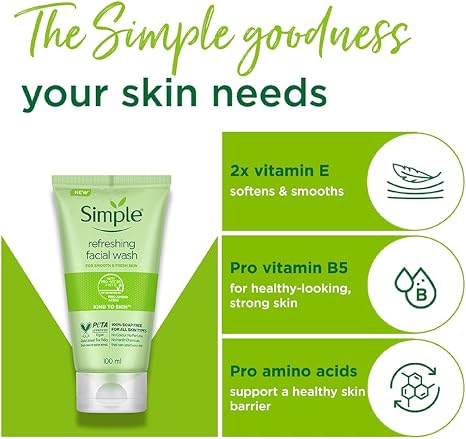 Simple Kind to Skin Refreshing Facial Wash, Vitamin E and Pro-Vitamin B5 Gentle Cleanser for Healthy Skin, 150 ml
