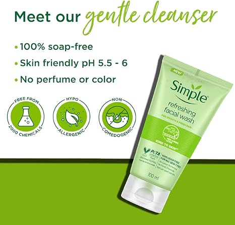 Simple Kind to Skin Refreshing Facial Wash, Vitamin E and Pro-Vitamin B5 Gentle Cleanser for Healthy Skin, 150 ml