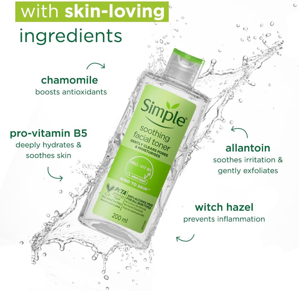 Simple Kind to Skin Soothing Vegan, Gentle, pH-Balancing Facial Toner for Sensitive Skin 200ml