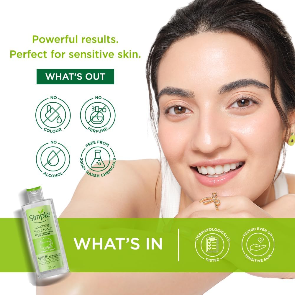 Simple Kind to Skin Soothing Vegan, Gentle, pH-Balancing Facial Toner for Sensitive Skin 200ml