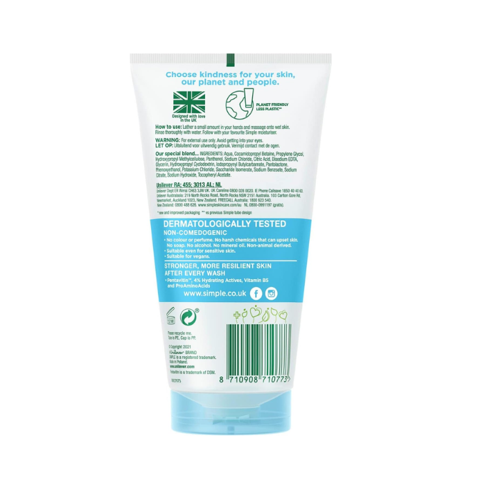 Simple Water Boost Micellar Gel Facial Wash, Hydrating Cleanser with Pentavitin For Dewy, Fresh Skin, 150ml