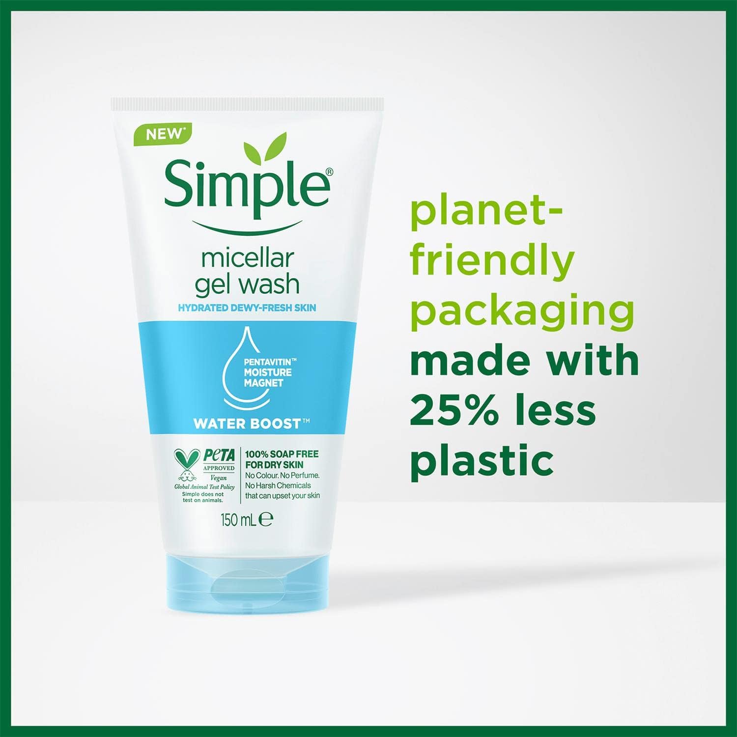 Simple Water Boost Micellar Gel Facial Wash, Hydrating Cleanser with Pentavitin For Dewy, Fresh Skin, 150ml