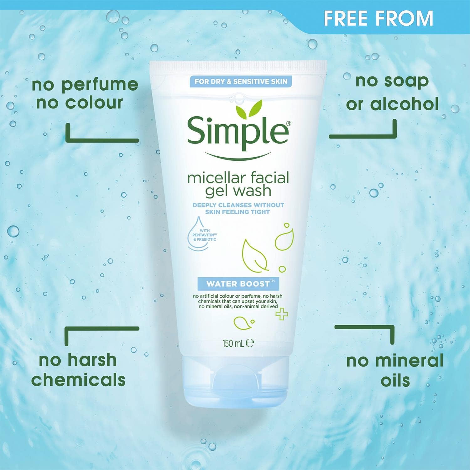 Simple Water Boost Micellar Gel Facial Wash, Hydrating Cleanser with Pentavitin For Dewy, Fresh Skin, 150ml