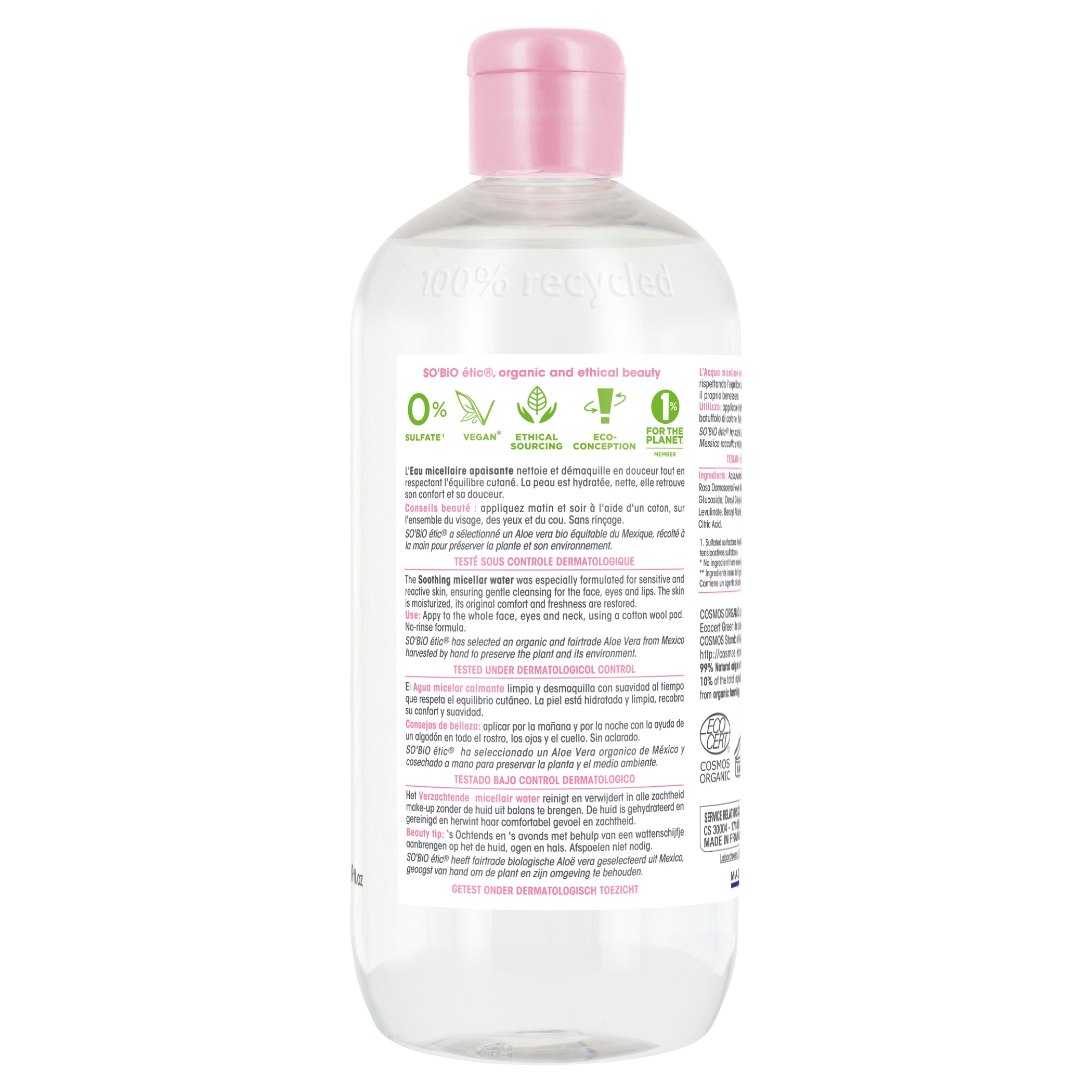 So Bio Etic Organic Soothing Micellar Water, Aloe Vera, Sensitive and Reactive Skin, 99% Natural, 500ml
