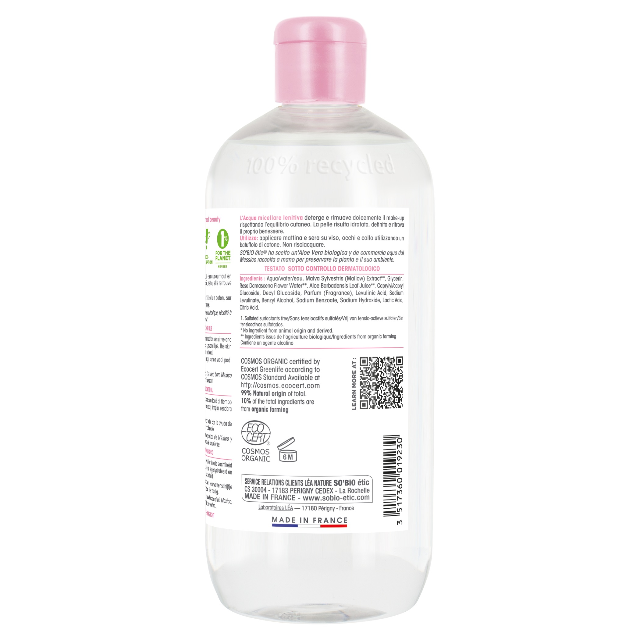 So Bio Etic Organic Soothing Micellar Water, Aloe Vera, Sensitive and Reactive Skin, 99% Natural, 500ml