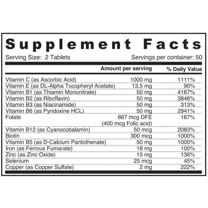 Sunshine Nutrition B Complex with Vitamin C 1000mg, Energy, Immunity & Stress Support - 100 Tablets