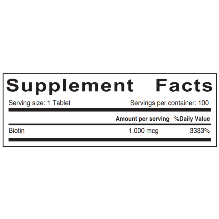 Sunshine Nutrition Biotin 1000mcg 100 Tablets