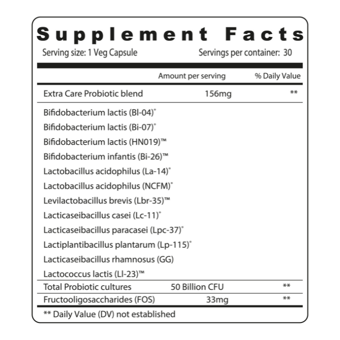 Sunshine Nutrition Extra Care Probiotic 50 Billion, Advanced Digestive and Immune Support, 30 V-Capsules