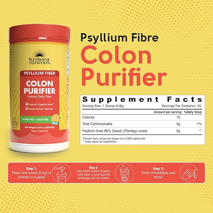 Sunshine Nutrition Colon Purifier Orange, Psyllium Fiber for Digestive Health & Regularity, 255g
