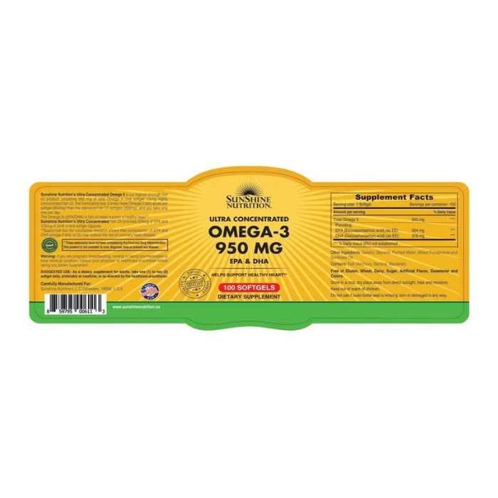 Sunshine Nutrition Ultra Concentrate Omega-3 950mg EPA & DHA 100 Softgels