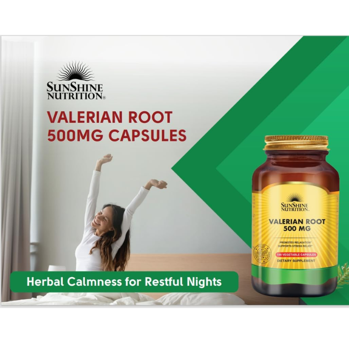 Sunshine Nutrition Valerian Root 500mg, Natural Sleep, Relaxation and Stress Support, 100 Vegetable Capsules