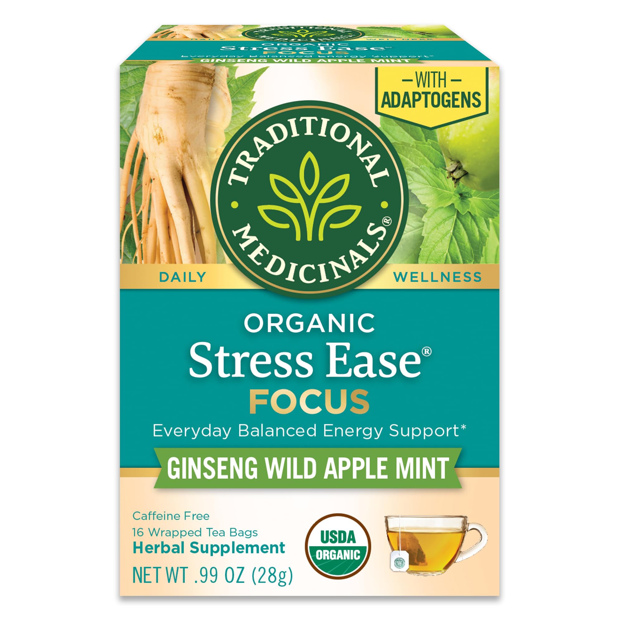 Traditional Medicinals Organic Stress Ease Focus Ginseng Apple Tea Bag 16s