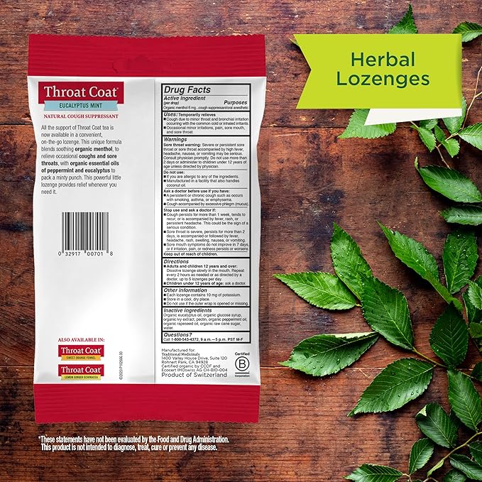 Traditional Medicinals Organic Throat Coat Eucalyptus Mint Lozenges 16s