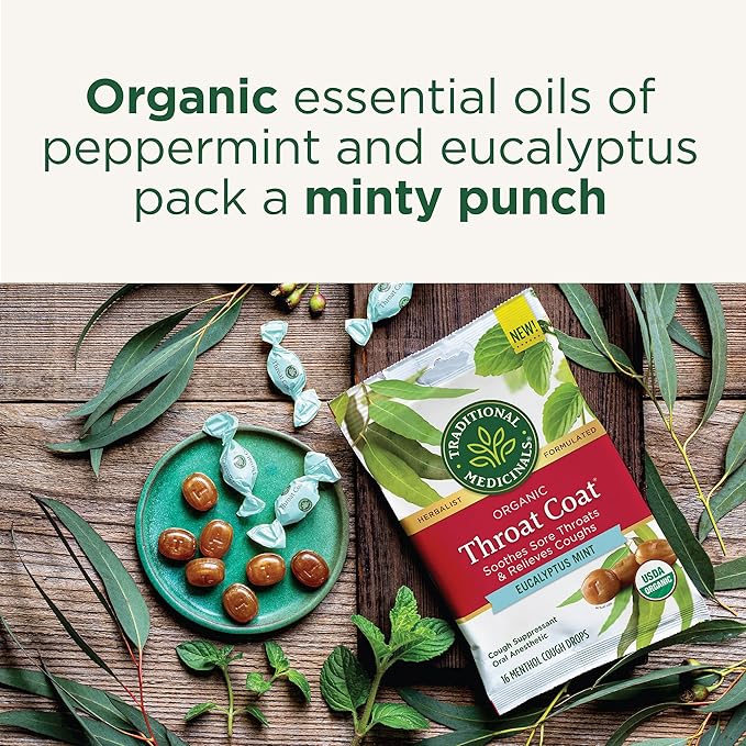 Traditional Medicinals Organic Throat Coat Eucalyptus Mint Lozenges 16s