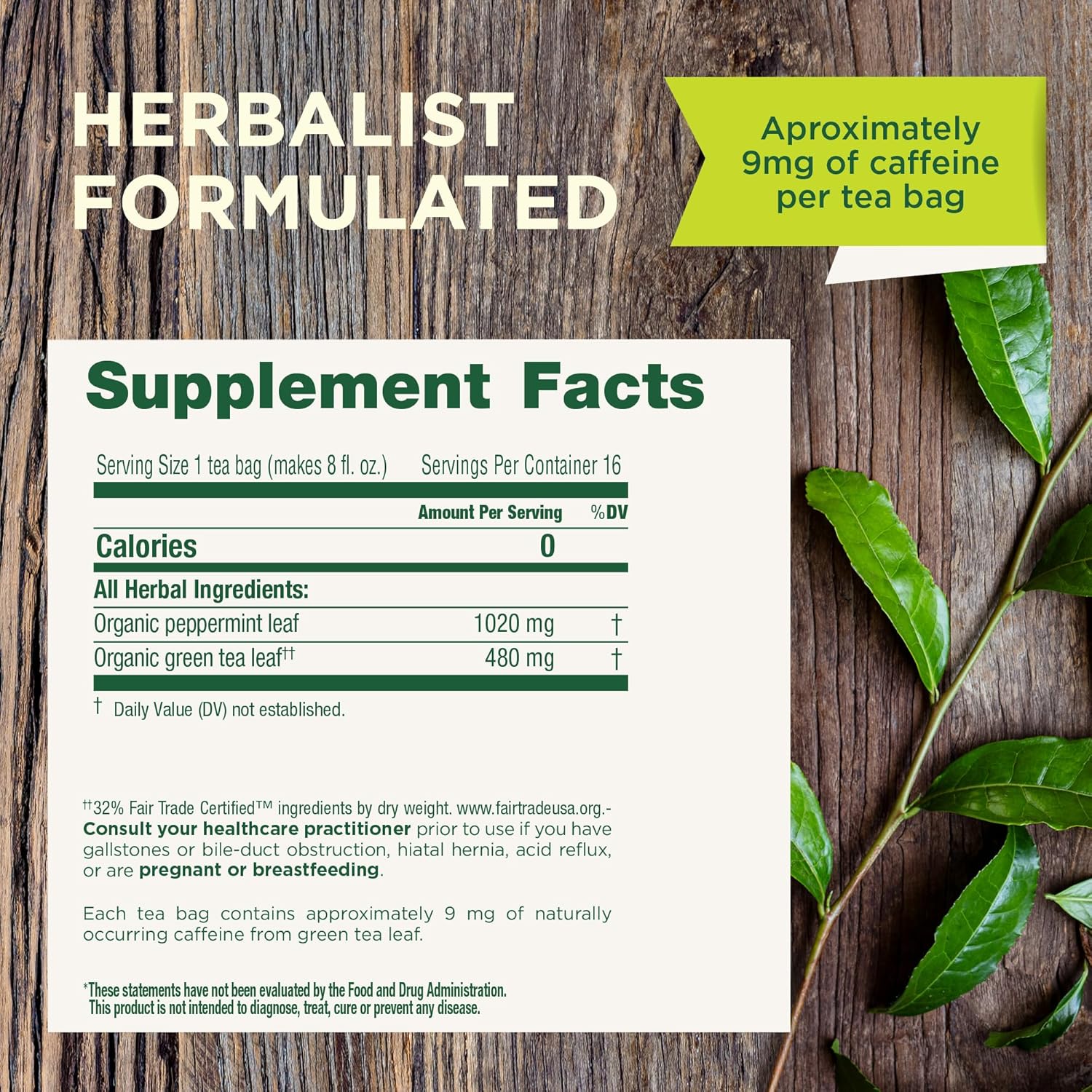 Traditional Medicinal Green Tea Peppermint 16 Tea Bags