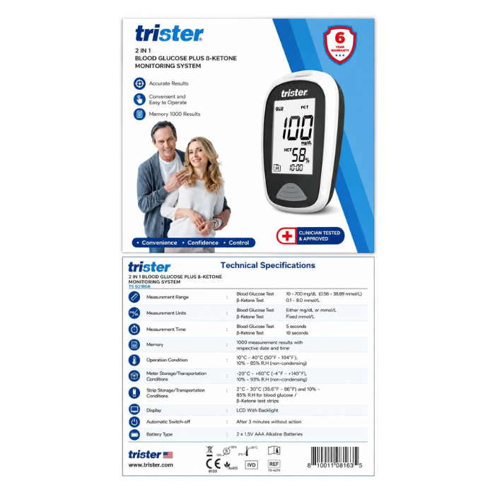 Trister 2 In 1 Blood Glucose + B -Ketone Monitoring System Model-TS 021BGK