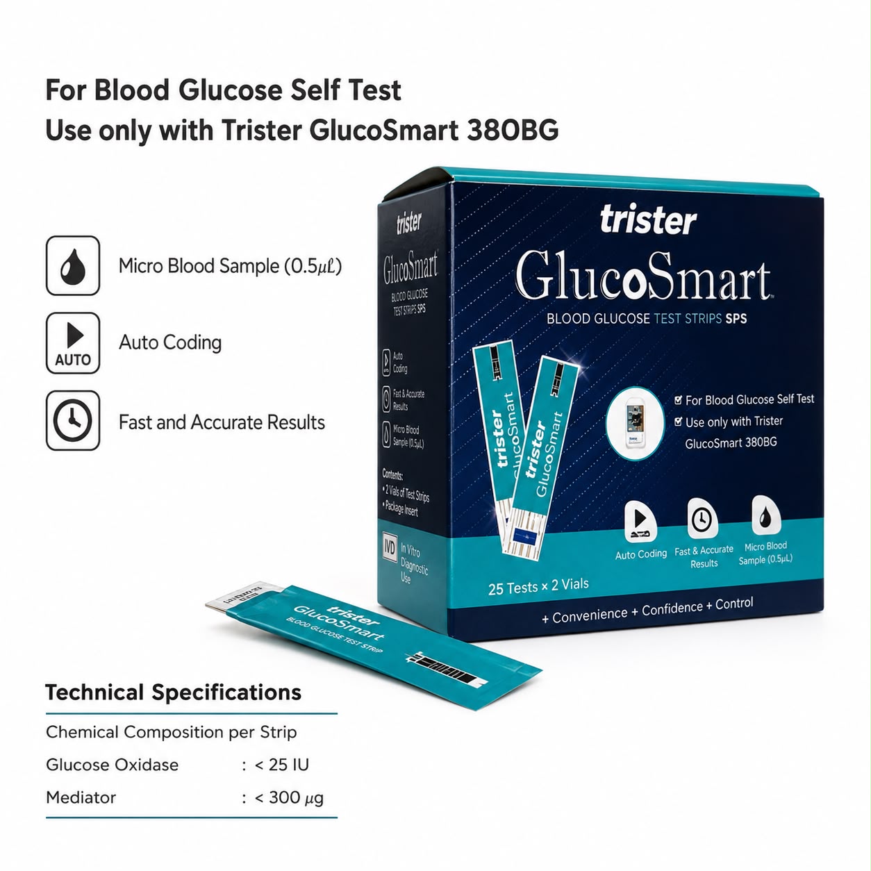Trister Gluco Smart Blood Glucose Test Strips 50's