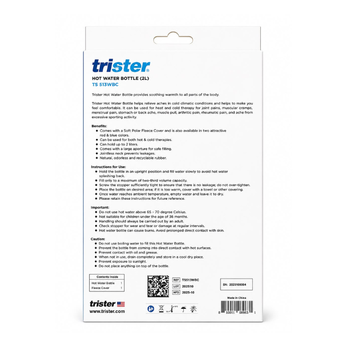Trister Hot Water Bottle 2 Ltr With Cover : Blue -TS 513WBC