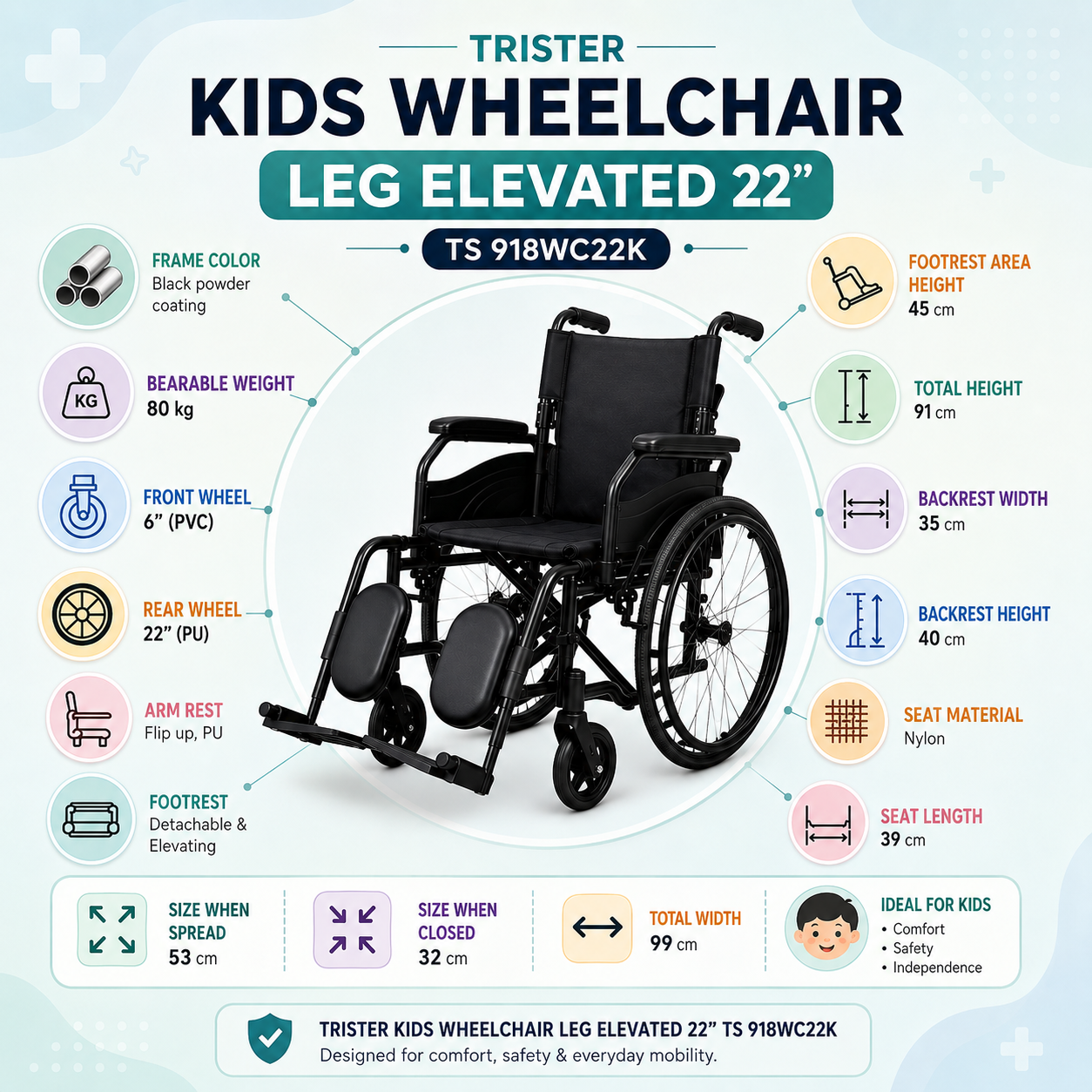 Trister Kids Wheelchair Leg Elevated 22 -TS 918WC22K