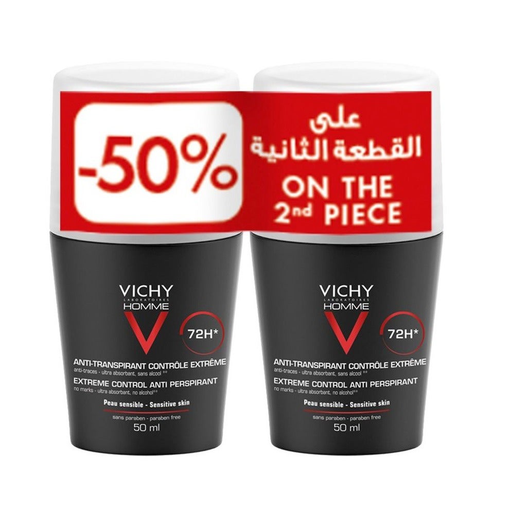 Vichy Deodorant Roll-On Extra Strength Men 50ml, 48H Sweat and Odor Control, Pack of 2