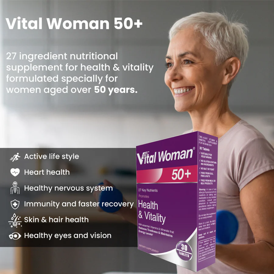فيتال هيلث كير وومان 50+ مالتي فيتامين - مغذيات يومية للقلب، الرؤية، الطاقة ودعم المناعة - 30 قرص
