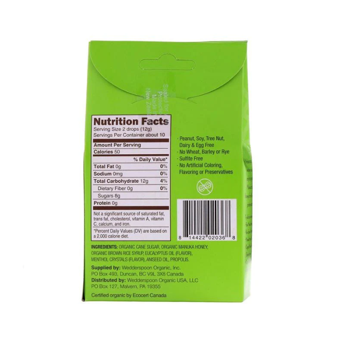 Wedderspoon Organic Manuka Honey Drop Eucalyptus 120 g 20's